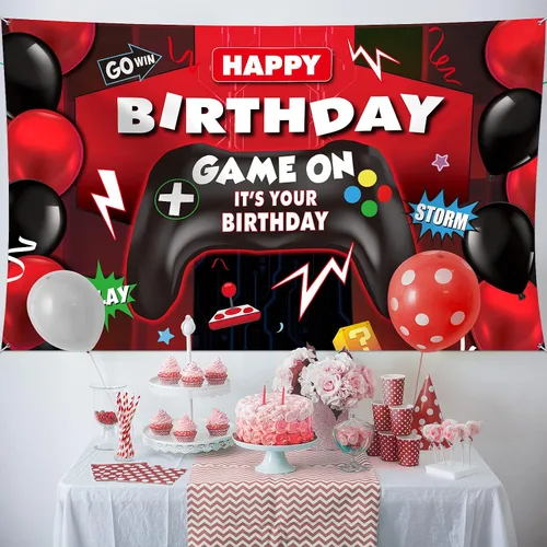 Vista 2 de Sumind Telón de fondo de videojuegos de feliz cumpleaños, decoración de fiesta de videojuegos, telón de fondo de cumpleaños para niños, fondo