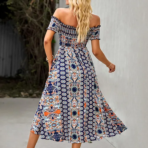 Vista 4 de GOTOTOP Vestido largo de verano con abertura y hombros descubiertos para mujer, estilo bohemio, estampado floral, acampanado, con vuelo