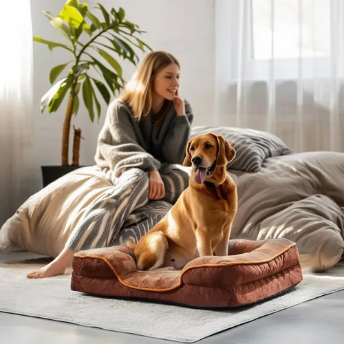 Vista 2 de DUMOS Cama ortopédica para perros de 35 x 25 pulgadas para uso en interiores, sofá cama XL Marrón