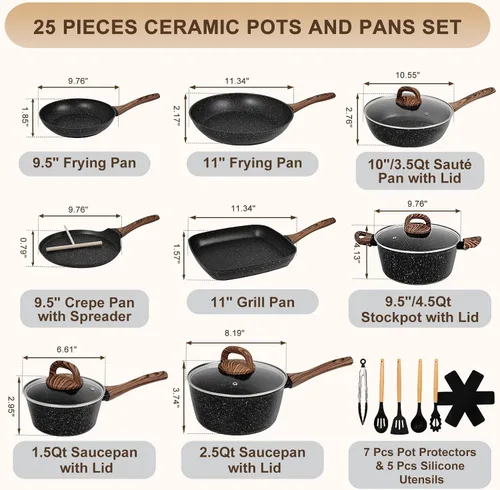 Vista 2 de EWFEN Juego de ollas y sartenes antiadherentes, juego de utensilios de cocina de cerámica de 25 piezas, juego de cocina de inducción con sartenes