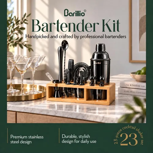 Vista 3 de Barillio Black Bartender Kit – Juego de coctelera de acero inoxidable con soporte de bambú – Herramientas de barra de mixología con coctelera