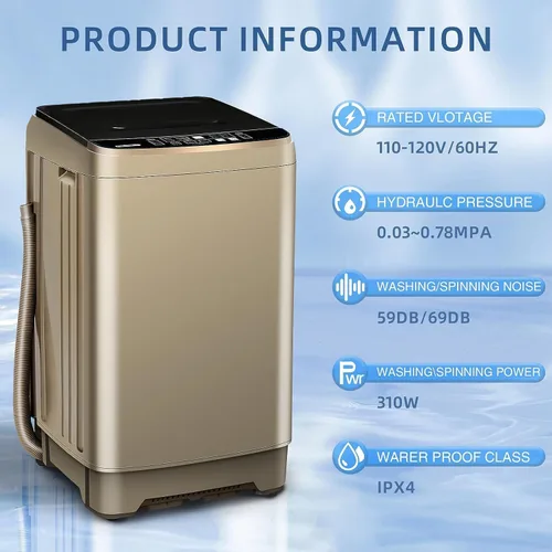 Vista 4 de Lavadora completamente automática con pantalla LED, 10 programas y 8 selecciones de niveles de agua, lavadora de lavandería compacta portátil