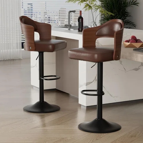Vista 16 de Juego de 2 taburetes de bar giratorios, taburetes de bar de madera tapizados en cuero PU con respaldo y reposapiés, asiento de altura ajustable