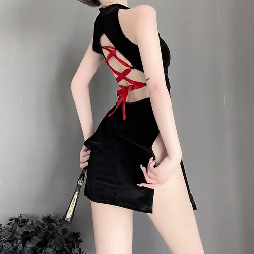 Vista 2 de SINGUYUN Vestido de lencería china Cheongsam con estampado retro, disfraz sexy de anime para mujer, traje de babydoll Qipao