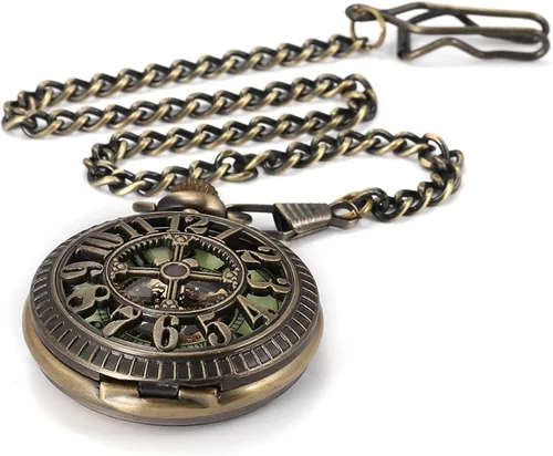 Vista 4 de Carrie Hughes Mens Vintage Steampunk Luminous dial Mechanical Pocket Watch with Chain in Box CHWPK195