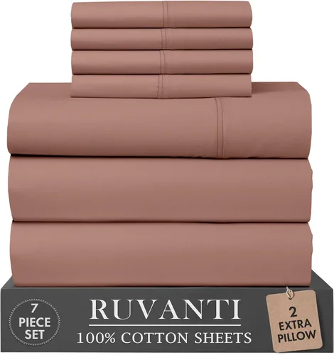 Vista 13 de RUVANTI Juego de sábanas de 4 piezas de algodón 100% natural de percal suave, ligero y transpirable, con bolsillos profundos de 16 pulgadas