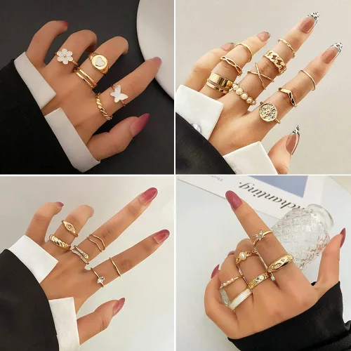Vista 2 de KISS WIFE Juego de 24 anillos dorados para nudillos para mujeres y niñas, vintage, apilables, bohemios, de aleación, resina de diamantes