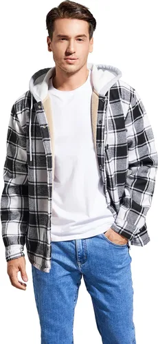 Vista 4 de IVUMA Camisas de algodón a cuadros de manga larga para hombre, chaqueta de franela con forro polar, camisas de franela Sherpa con botones y capucha