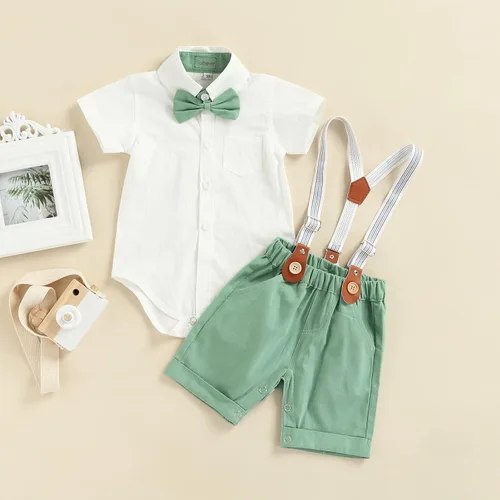 Vista 2 de Conjunto de ropa de caballero para bebé niño pequeño, camisas de manga corta, overoles cortos, trajes de verano para recién nacidos, trajes formales