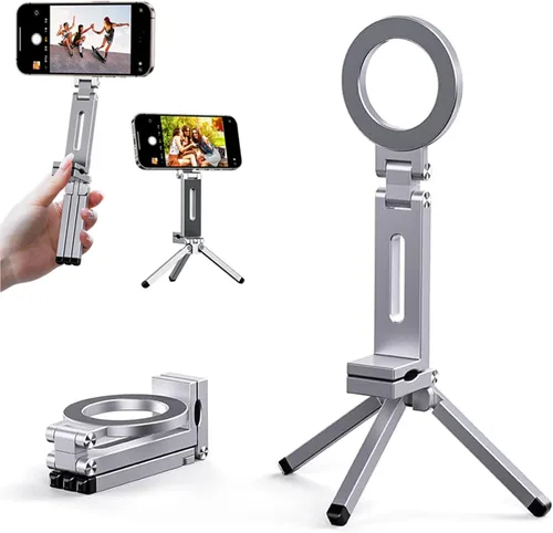Vista 9 de Trípode magnético para iPhone 16/15/14/13/12 Plus Pro Max, trípode de aluminio mini Magsafes para iPhone y Magsafes, diseño de doble cara, tornillo