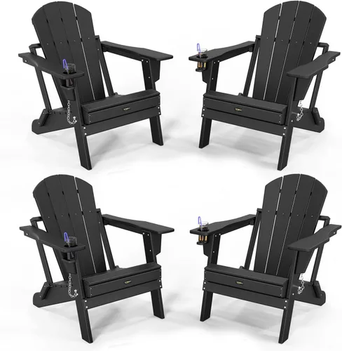 Vista 9 de VINGLI Sillas Adirondack de plástico, plegables con soporte para tazas, material de polietileno de alta densidad impermeable, cómoda capacidad