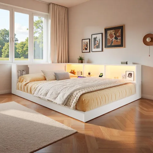 Vista 16 de SOFTSEA Sofá cama esquinera de tamaño matrimonial con nido y estantería, sofá cama en forma de L con luces LED y puertos USB, marco de cama Antique
