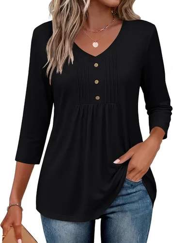 Vista 15 de Ekouaer Blusas de manga 3/4 para mujer, cuello en V, blusas plisadas casuales Boho Multicolor