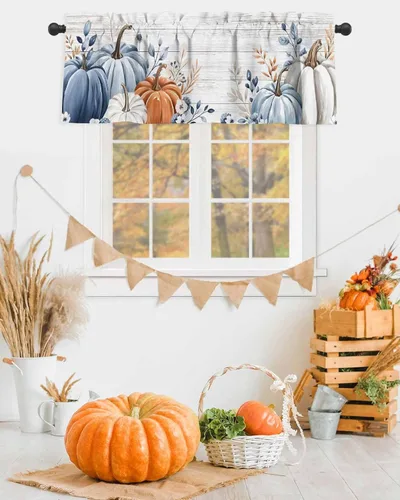 Vista 2 de Cenefas de cortina de otoño de calabaza naranja azul gris para ventanas de sala de estar, cenefas de cortina de Acción de Gracias para dormitorio