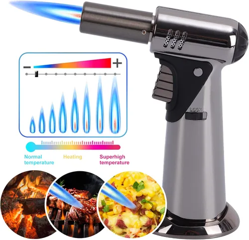Vista 8 de Linterna de butano, soplete de cocina grande de doble llama premium con bloqueo de seguridad, ajustable, recargable, multiusos, soplete culinario