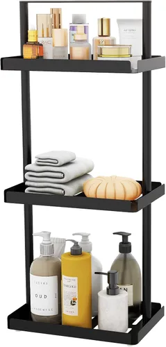 Vista 7 de STWWO Organizador de encimera de baño de 3 niveles, organizador de tocador para estante de esquina de baño, organizador de ducha de metal con asa