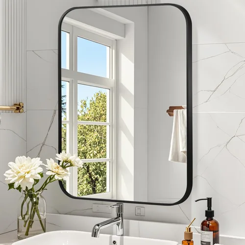 Vista 20 de Espejo de baño negro de 22"x30", espejo rectangular con marco de metal negro mate, espejo de tocador con esquinas cuadradas, espejo para pared