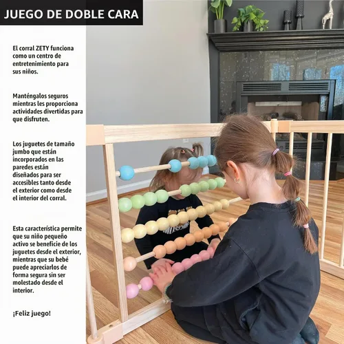 Vista 8 de ZETY - Corralito de madera natural para bebés, patio de juegos plegable de 8 o 10 paneles con panel de puerta y juguetes integrados, certificado CPC
