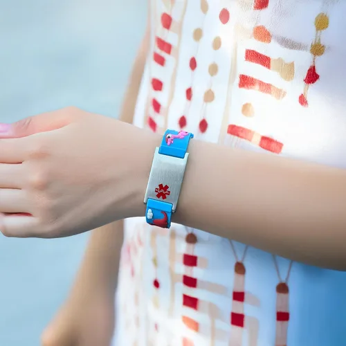 Vista 3 de LinnaLove Medical Alert ID Bracelet – Custom or Pre-Engraved, QR Code Available,Blue Dinosaur Band