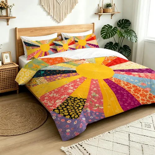 Vista 3 de Juego de ropa de cama de 4 piezas con diseño floral de explosión de sol Patchwork Artesano