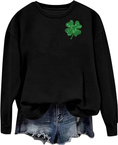 Vista 9 de Sdwingk Camisetas de manga larga para el día de San Patricio para mujer, cuello redondo, sudadera de gran tamaño, camiseta gráfica irlandesa, lindas