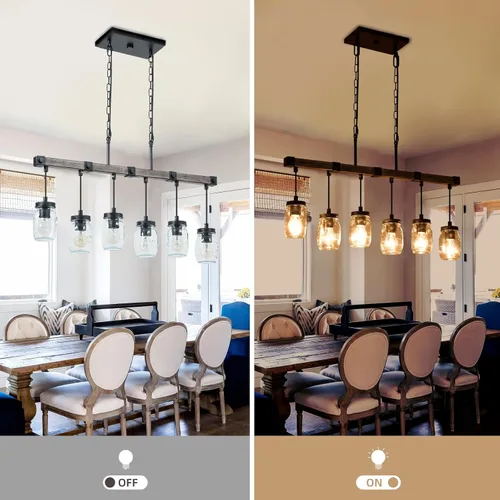 Vista 2 de Iluminación de isla de cocina de granja, candelabro de tarro de masón, candelabro rústico lineal de 6 luces, lámpara colgante de 30 pulgadas