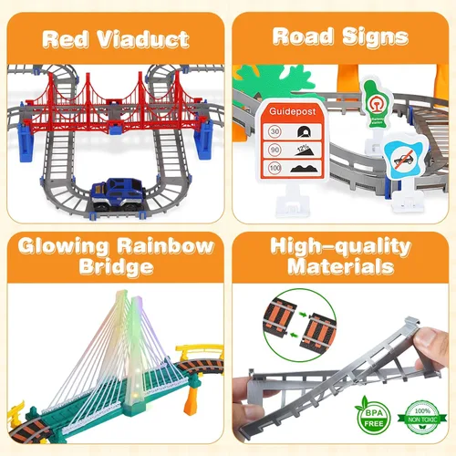 Vista 5 de Juego de tren eléctrico para niños de 5 a 8 años, 2 en 1, pistas de doble capa con puente iluminado y sonidos realistas, juguete de construcción