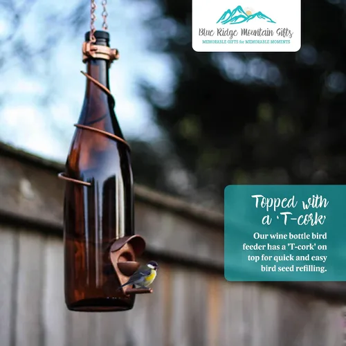 Vista 5 de Blue Ridge Mountain - Comedero para botellas de vino, decoración de patio trasero y jardín, comedero colgante para pájaros, uso al aire libre, Ámbar