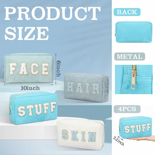 Vista 2 de Pinkunn 4 Piezas Bolsas de Maquillaje Preppy Bolsas de Chenilla con Letras de Viaje Organizador Facial Piel Cabello Higiene Cosmética Bolsa de Aseo