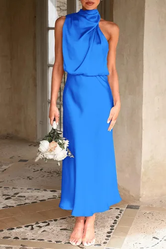 Vista 7 de CFLONGE Vestidos de verano para mujer 2023 con cuello alto falso sin mangas, vestido largo de satén para invitados de boda, fiesta de noche