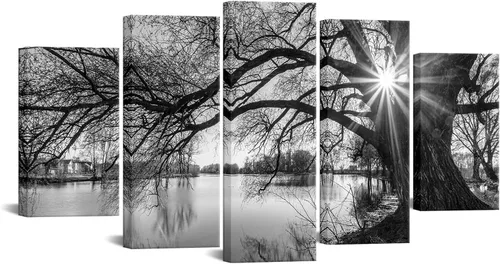 Vista 7 de sechars - 5 piezas de arte de pared, diseño de árbol viejo por lago, pintura de amanecer, paisaje blanco y negro, decoración moderna de pared