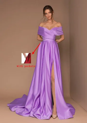 Vista 3 de BONOYUER Vestido de fiesta de satén con hombros descubiertos para mujer, largo y con abertura alta, acampanado, vestido de noche formal con bolsillos