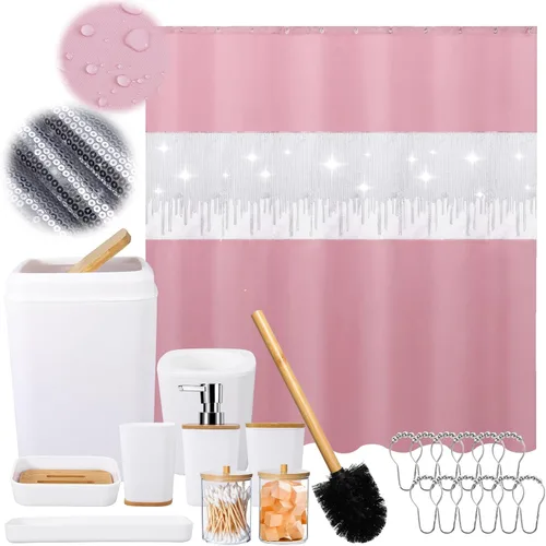 Vista 50 de Juego de accesorios de baño rosa con cortina de ducha y alfombras con purpurina, juegos de baño con alfombras de baño extrasuaves y absorbentes