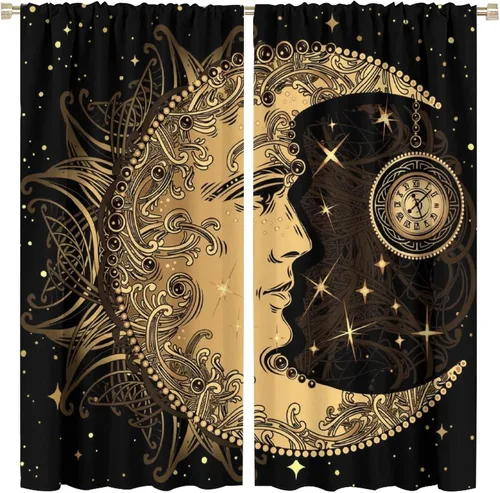 Vista 86 de Cortinas opacas con diseño de sol y luna, cuerpos celestes bohemios, con diseño de sol, luna y estrellas, para sala de estar, dormitorio, 42 x 45