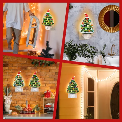 Vista 7 de Luz nocturna de cerámica para árbol de Navidad, paquete de 2 luces nocturnas de Navidad con enchufe de 6.3 pulgadas, árboles de Navidad de cerámica