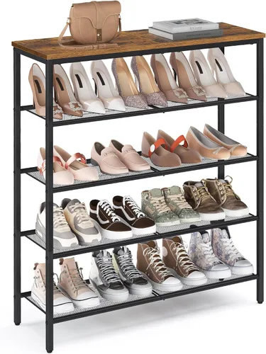 Vista 12 de VASAGLE Zapatero de 4 niveles, organizador grande de almacenamiento de zapatos para armario, entrada, 15-20 pares, con 3 estantes de malla metálica