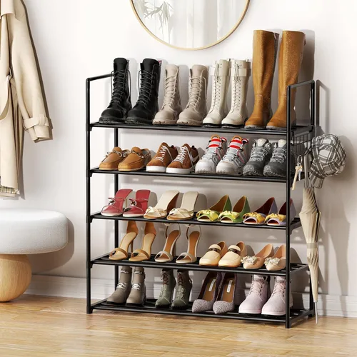 Vista 2 de Organizador de zapatos de metal, zapatero de 5 niveles con ganchos, se adapta a 20-25 pares, estante de zapatos ajustable para entrada, pasillo
