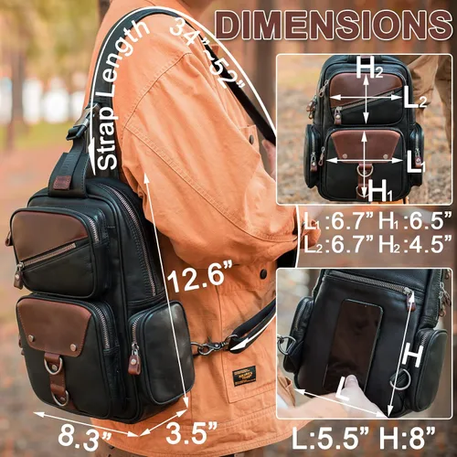 Vista 5 de CENUNCO Bolso bandolera de cuero genuino para hombre, mochila cruzada, casual, senderismo, motocicleta, bolsa de pecho antirrobo, bolso de viaje