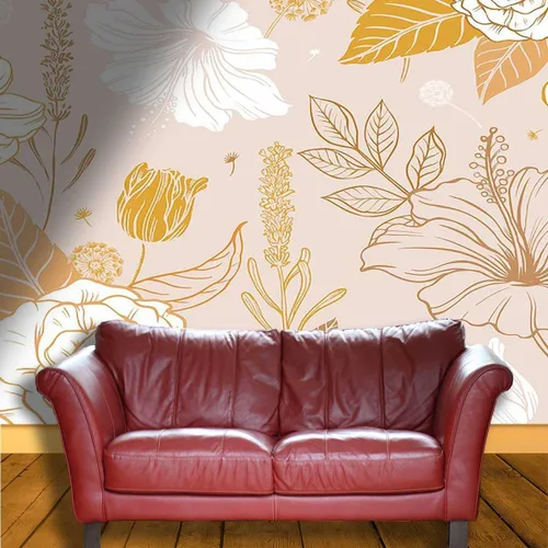 Vista 3 de Adorno floral para despegar y pegar, tapiz de papel dorado beige para decoración de pared de cocina, fondo de televisión, fácil de limpiar (ancho)