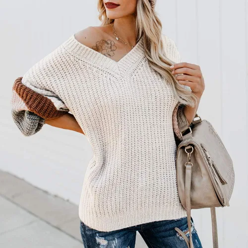 Vista 3 de EXLURA V Neck Long Lantern Sleeve Sweater Color Block Chunky Pullover Oversized Jumper