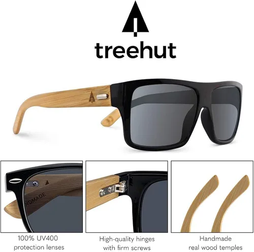 Vista 4 de TREEHUT Gafas de sol de madera de bambú Templos Clásicos Aviador Retro Cuadrado de Madera Gafas de Sol