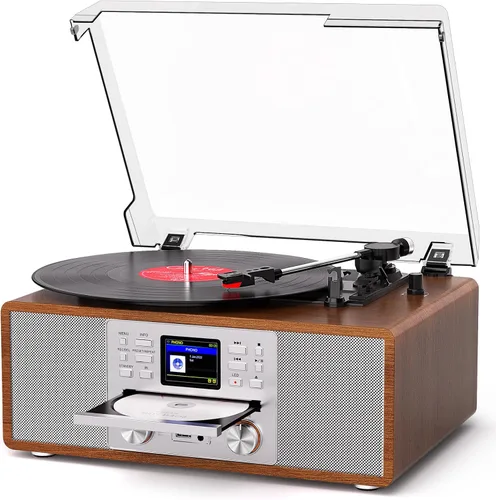 Vista 14 de Tocadiscos Bluetooth retro 10 en 1 con altavoces estéreo, tocadiscos de vinilo de 3 velocidades, reproductor de CD, reproducción y grabación USB/SD