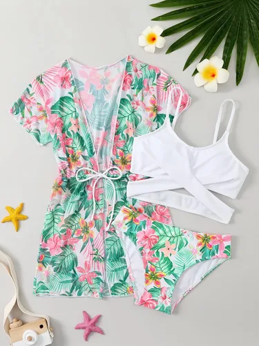 Vista 3 de OYOANGLE Traje de baño de 3 piezas con estampado tropical cruzado para niña con kimono