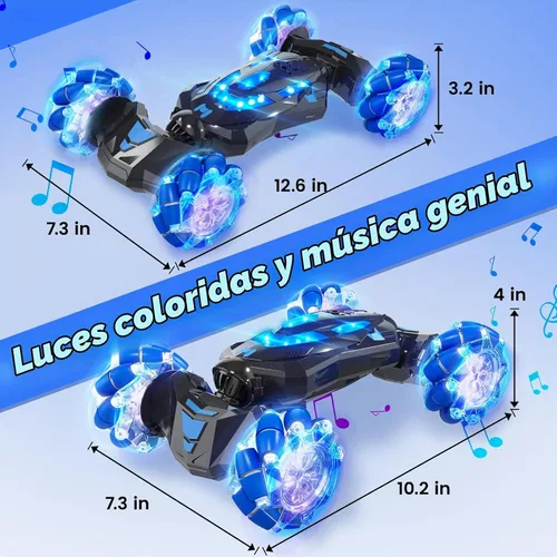 Vista 2 de Coche Acrobático RC con Sensor de Gestos, 4WD Drift Controlado a Mano con Giros de 360°, Truco de Luces y Música, Coche de Juguete es un Genial Azul