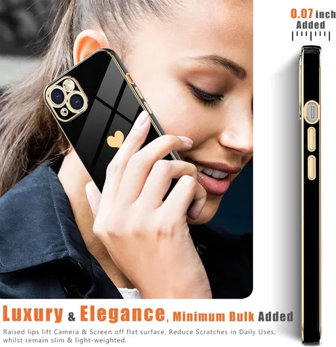 Vista 6 de Teageo - Funda para iPhone 13 mini para mujeres y niñas, diseño de corazón de amor, color negro Luxury Bling Plating Soft Back Cover Raised Full