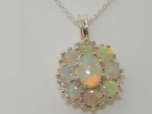 Vista 2 de Ladies Solid 925 Sterling Silver Natural Fiery Opal Large Cluster Pendant Necklace