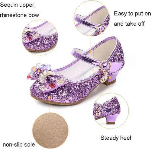 Vista 2 de Zapatos de princesa para niños y niñas, con lentejuelas y diamantes de imitación, zapatos de baile de cristal para niños (morado, 5 años)