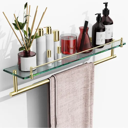 Vista 14 de Toallero con estante de 16 pulgadas, estante de baño con barra de toalla de vidrio templado, dorado cepillado moderno, acero inoxidable a prueba