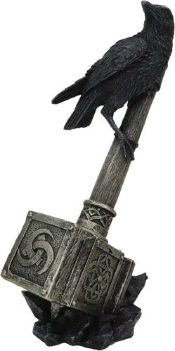 Vista 6 de Ebros Gift Huginn Muninn Odin Raven posado en el martillo de Thor Mjolnir con símbolo de runas y triple cuerno Skaldenmet Figura decorativa nórdica