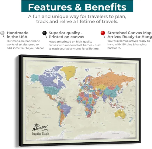 Vista 6 de Lienzo - Mapa de viaje personalizado del mundo Tan Oceans con chinchetas y marco blanco texturizado